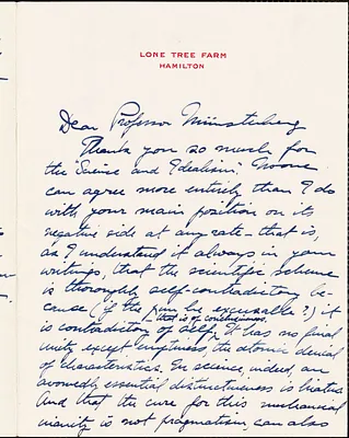 Robbins, Reginald C. (Reginald Chauncey), 1871-1955 autograph letter signed to Hugo Münsterberg, Hamilton, Mass., 22 May 1907
