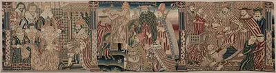 Section of an Embroidered Frieze: Ahasuerus and Esther, The Pope Chiding the Emperor, Henry VIII treading on the Pope's Neck