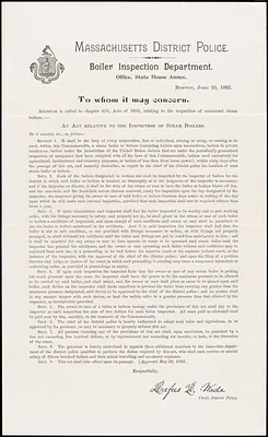 Massachusetts District Police Boiler Inspection Department, Acts of 1895 noticification
