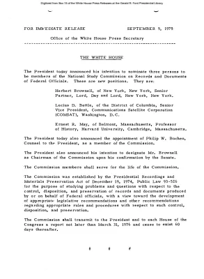 President announced his intention to nominate three persons to be members of the National Study Commission on Records and Documents of Federal Officials [Position Appointments and Resignations]