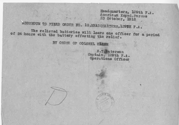 Addendum to Field Order Number 12 from Captain Newell T. Paterson