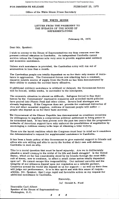 Letter from the President to the Speaker of the House of Representatives regarding the present critical situation in Cambodia