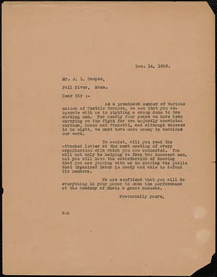Sacco-Vanzetti Defense Committee typed letter (copy) to J. L. Campos, Boston, Mass., December 14, 1923