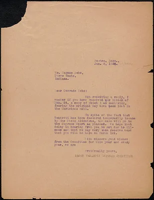 Sacco-Vanzetti Defense Committee typed letter (copy) to Eugene V. Debs, Boston, Mass., January 8, 1925