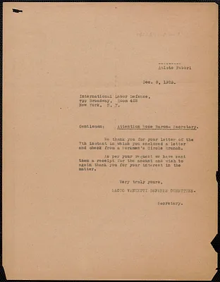 Amleto Fabbri (Sacco-Vanzetti Defense Committee) typed note (copy) to Rose Baron (International Labor Defense), Boston, Mass., December 8, 1925