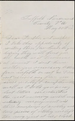 Letter from John Jubb, Suffolk Nansemond County Va., to Thomas and Harriet Jubb, West Chelmsford, Mass., May 30, 1862
