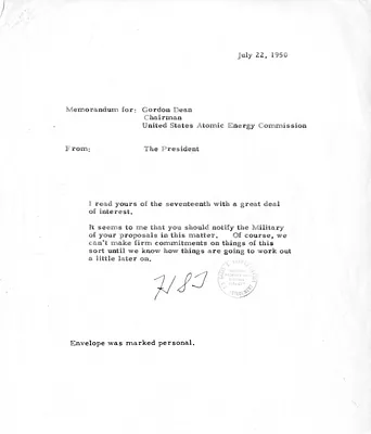 Correspondence Between President Harry S. Truman and Gordon Dean
