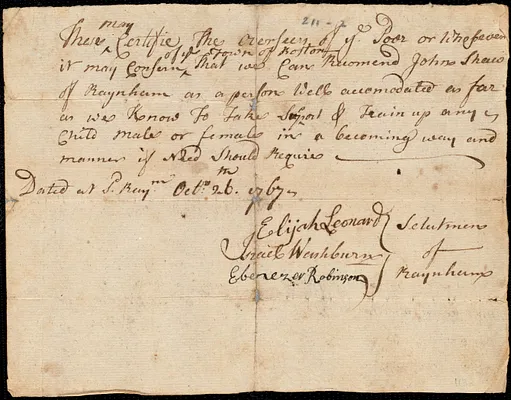 Abigail Cole indentured to apprentice with John Shaw of Raynham, 26 November 1767