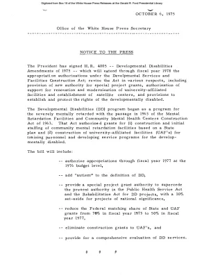 President Signed H.R. 4005, the Developmental Disabilities Amendments of 1975 [Signing Statements and Announcements]