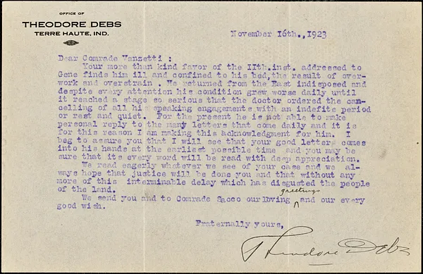 Theodore Debs typed letter signed to Bartolomeo Vanzetti, Terre Haute, Ind., 16 November 1923