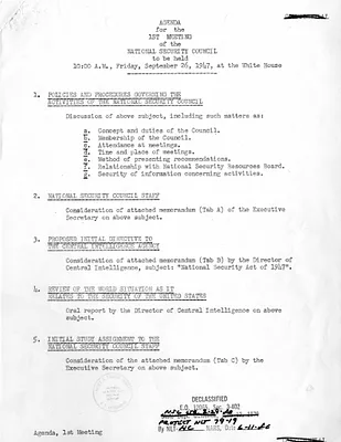 Agenda, First Meeting of the National Security Council, with Attachments