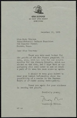 Mary Ross (The Survey) typed letter signed to Mary Donovan, New York, N.Y., December 16, 1926