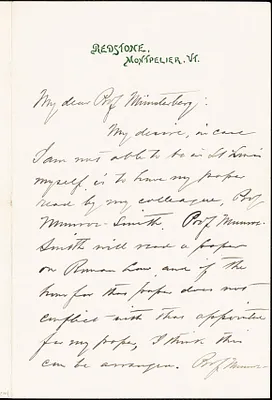 Burgess, John William, 1844-1931 autograph letter signed to Hugo Münsterberg, Montpelier, Vt., 21 August 1904