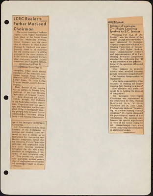 Newspaper clippings “LCRC Reelects Father MacLeod Chairman” and “Members of Lexington Civil Rights Committee Speakers at B.C. Seminar”