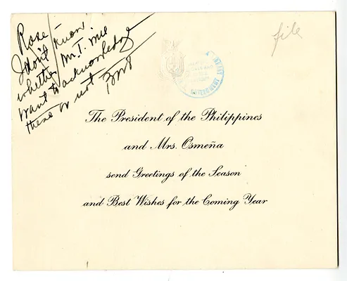 Greeting Card to President Harry S. Truman from President of the Philippines Sergio Osmena
