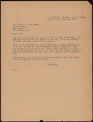 Sacco-Vanzetti Defense Committee typed letter (copy) to William J. Van Essen, Boston, Mass., May 4, 1923