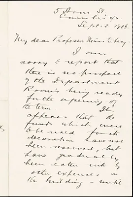 Perry, Ralph Barton, 1876-1957 autograph letter signed to Hugo Münsterberg, Cambridge, Mass., 02 September 1906