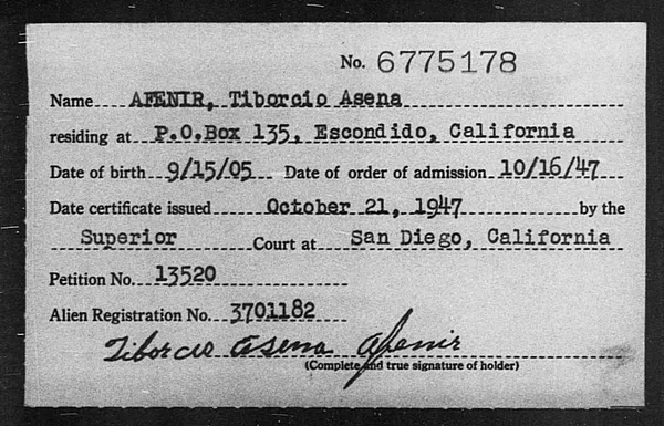 Afenir, Tiborcio Asena - 1947