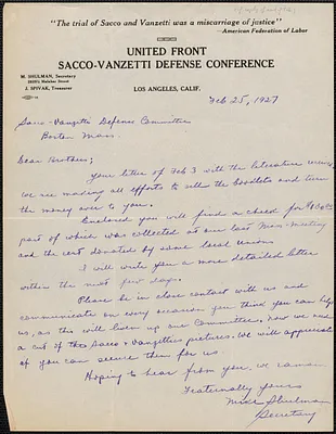 Mike Shulman (United Front Sacco-Vanzetti Defense Conference) autograph letter signed to Sacco-Vanzetti Defense Committee, Los Angeles, Calif., February 25, 1927