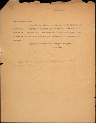 Bartolomeo Vanzetti typed note (copy) to Leonard D. Abbott, [Charlestown], 18 January 1927