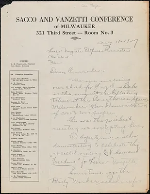 Cora Meyer (Sacco and Vanzetti Conference, Milwaukee) autograph letter signed to Sacco-Vanzetti Defense Committee, Milwaukee, Wis., August 11, 1927