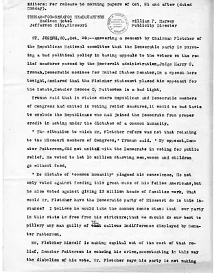 Press Release, Truman for Senator State Headquarters