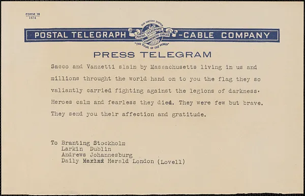 [Joseph? Moro] telegram (copy) to [Georg] Branting, [Boston, Mass.?, August 23, 1927?]