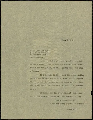 Sacco-Vanzetti Defense Committee typed letter (copy) to Anna Jancey, Boston, Mass., November 4, 1924