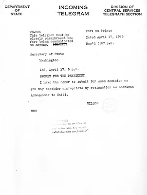 Telegram from Orme Wilson Jr. to Secrertary of State Edward Stettinius