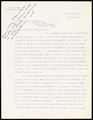 Judd, Charles Hubbard, 1873-1946 typed letter signed to Hugo Münsterberg, New Haven, Conn., 10 May 1909