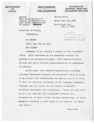 Telegram from Spruille Braden to Secrertary of State James Byrnes