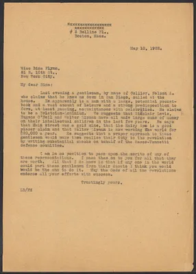 Sacco-Vanzetti Case Records, 1920-1928. Correspondence. Sacco-Vanzetti Defense Committee Correspondence to Bina Flynn, May 10, 1922. Box 41, Folder 12, Harvard Law School Library, Historical & Special Collections
