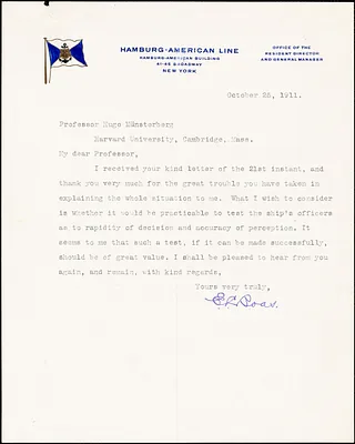 Boas, Emil Leopold, 1854-1912 typed letter signed to Hugo Münsterberg, New York, 25 October 1911