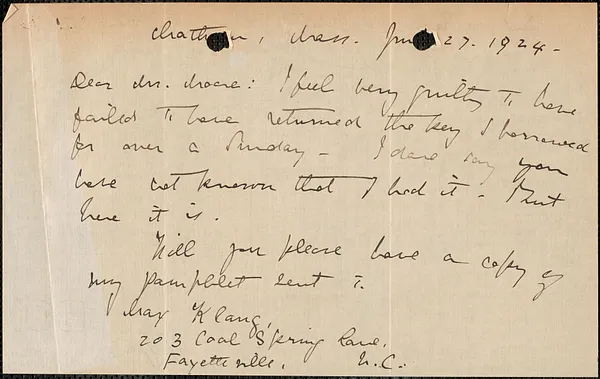 Elizabeth G[lendower] Evans autograph letter signed to [Fred H.] Moore, Chatham, Mass., June 27, 1924