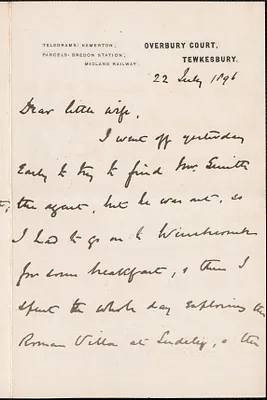[John Biddulph Martin] autograph note to [Victoria Woodhull Martin], Tewkesbury, [England], July 22, 1896