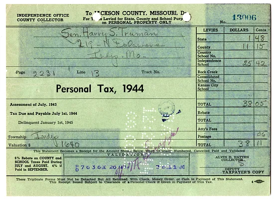 Jackson County, Missouri Personal Property Tax Receipt for Harry S. Truman