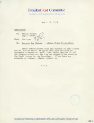 Memorandum from Tim Ryan to Philip Buchen Regarding a Request for Waiver from Adrian Weiss Productions