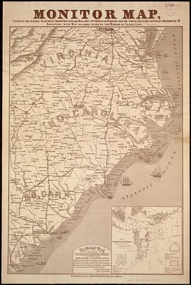 Monitor map, showing the whole seacoast from Chesapeake Bay, down to Savannah harbor, and the whole country between Richmond & Savannah, with map on large scale of the harbor of Charleston