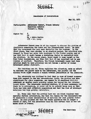 Memorandum of Conversation with Secretary of State Dean Acheson, Ambassador of France Henri Bonnet, and Willard Thorp