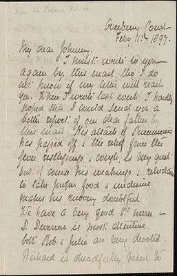 Julie Healy autograph letter signed to [John Biddulph Martin, Tewkesbury, England], February 11, 1897