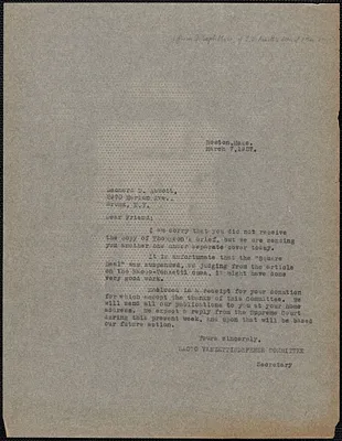 Sacco-Vanzetti Defense Committee typed letter (copy) to Leonard D. Abbott (The Square Deal), Boston, Mass., March 7, 1927