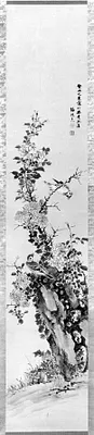 Scroll Painting with Sparrows, Flowering Plants, and Rock