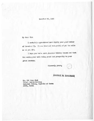 Correspondence Between Chi Whan Choi and Former President Harry S. Truman
