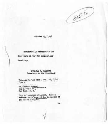 Telegram from Jerome Shaker to President Harry S. Truman with Attached Referral Note