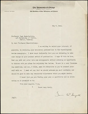 Angell, James Rowland, 1869-1949 typed letter signed to Hugo Münsterberg, Chicago, 04 May 1911