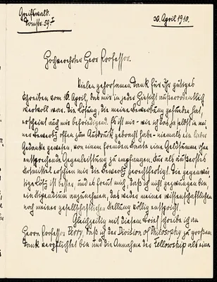 Jacoby, Günther, 1881-1969 autograph letter signed to Hugo Münsterberg, Greifswald, Ger., 20 April 1910