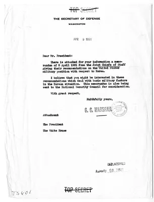 Memorandum from Secretary of Defense General George C. Marshall to President Harry S. Truman