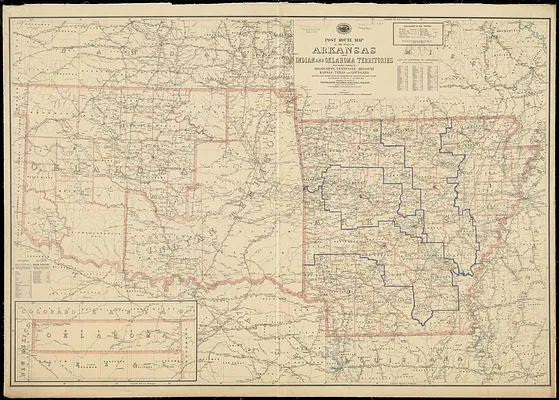 Post route map of the State of Arkansas and of Indian and Oklahoma territories with adjacent portions of Mississippi, Tennessee, Missouri, Kansas, Texas and Louisiana showing post offices with the intermediate distances and mail routes in operation on 1st of December 1895