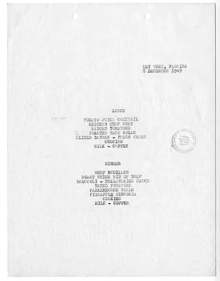 Menu for President Harry S. Truman's  Visit to Key West, Florida