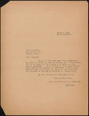 Sacco-Vanzetti Defense Committee typed letter to Milton Carter, Boston, Mass., April 18, 1927